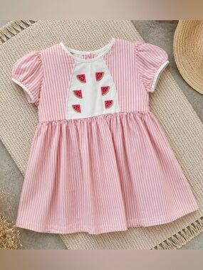 DONDOLO Toddler Girl’s 2T Boutique Dress Pink White Striped Watermelons